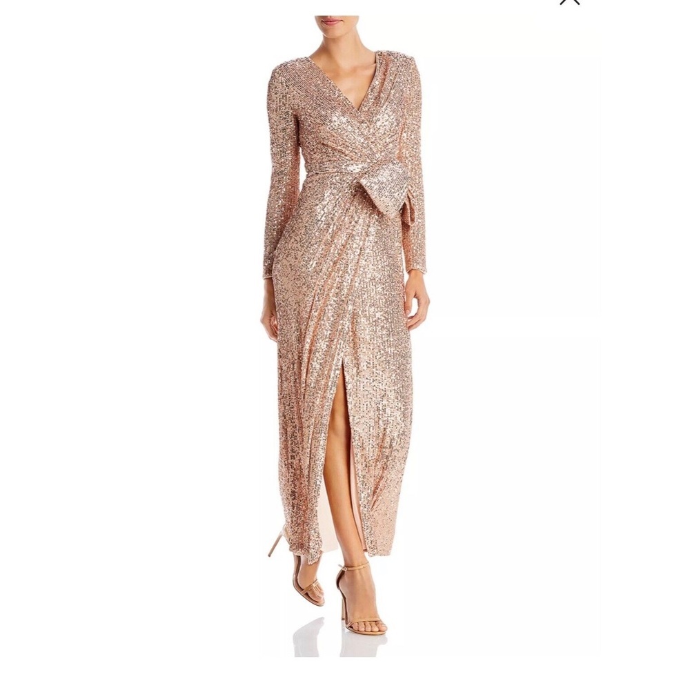 Eliza J Sequined Long Sleeve Front Slit Mesh Bow Waist Gown